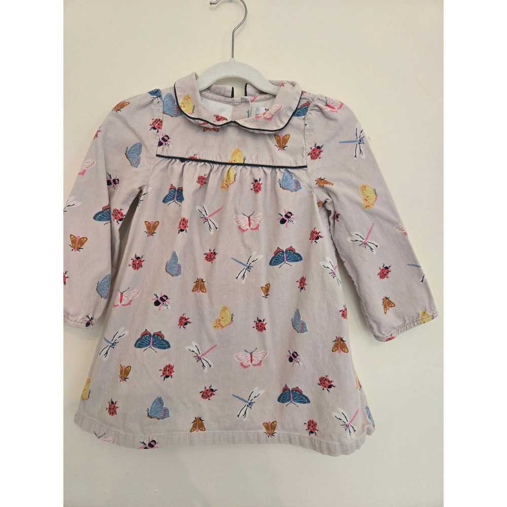Baby Boden Girls Gray Corduroy Butterfly Bug‎ Print Dress Peter Pan Collar 2-3Y